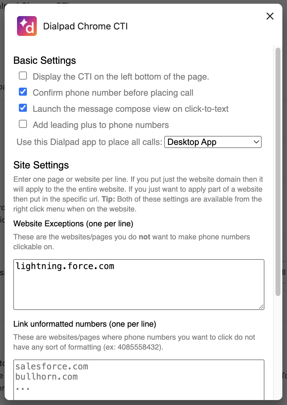 Dialpad Chrome CTI settings for phone number confirmation and website exceptions.